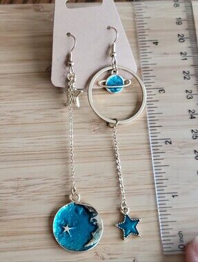 Celestial Asymmetric Blue Moon Saturn Star Dangle Gold Earrings 4" Long New NWT